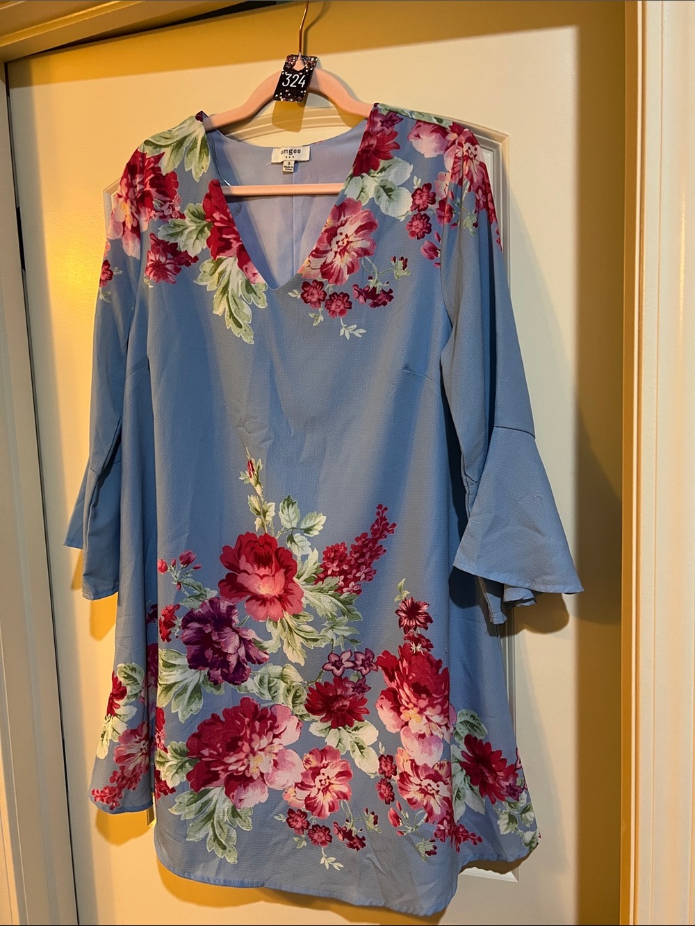 Umgee Blue Floral V-Neck Dress with Pink & Red Blossoms H324.